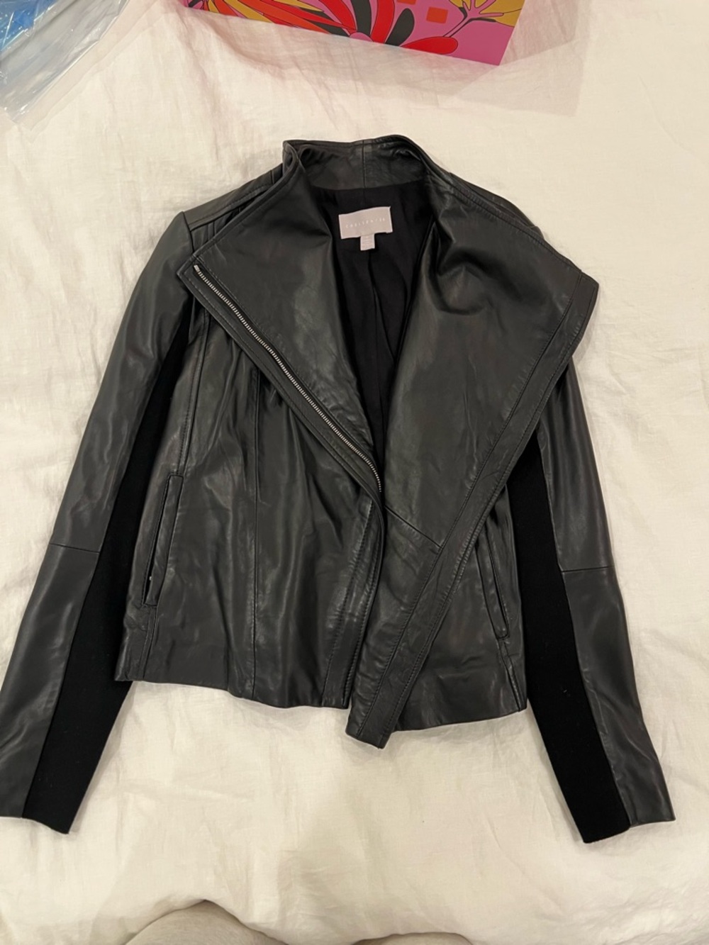 Chelsea28 Black Leather Moto Jacket with Knit Sleeve Panels